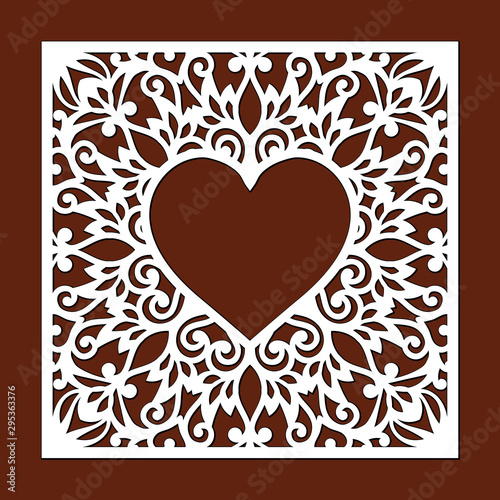 Ornamental heart frame, lace border. Laser cut template for wedding invitation. Envelope, greeting card with abstract floral ornament. Openwork silhouette for Valentine's day. Cutting of lacy ornament