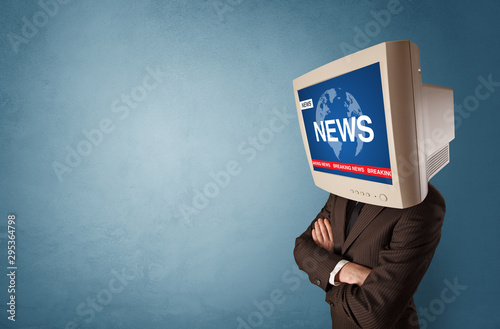 Young person with monitor head, breaking news concept