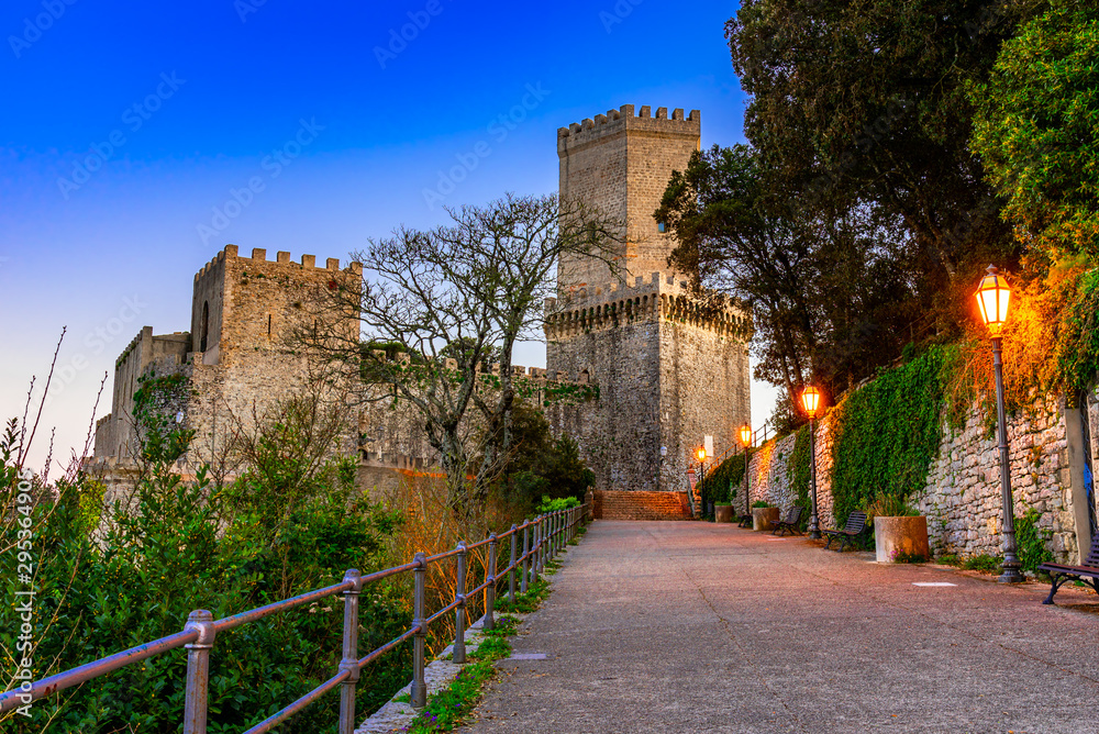 Erice,  Sicily, Italy: Night view of the Venere Castle, a Norman fortress