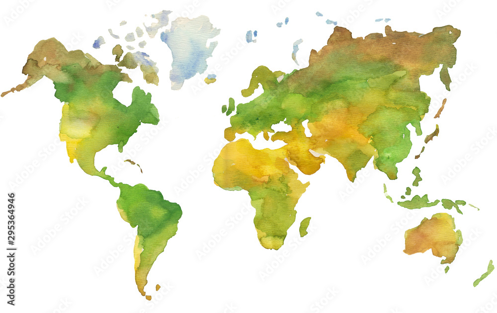 Illustration of hand painted Earth map in watercolor style.