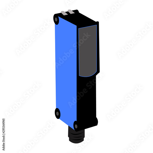 Photoelectric sensor (or photo eye) which is used for discovering the distance, absence or presence of an object by using a light transmitter in 3D - Eps 10 vector and illustration