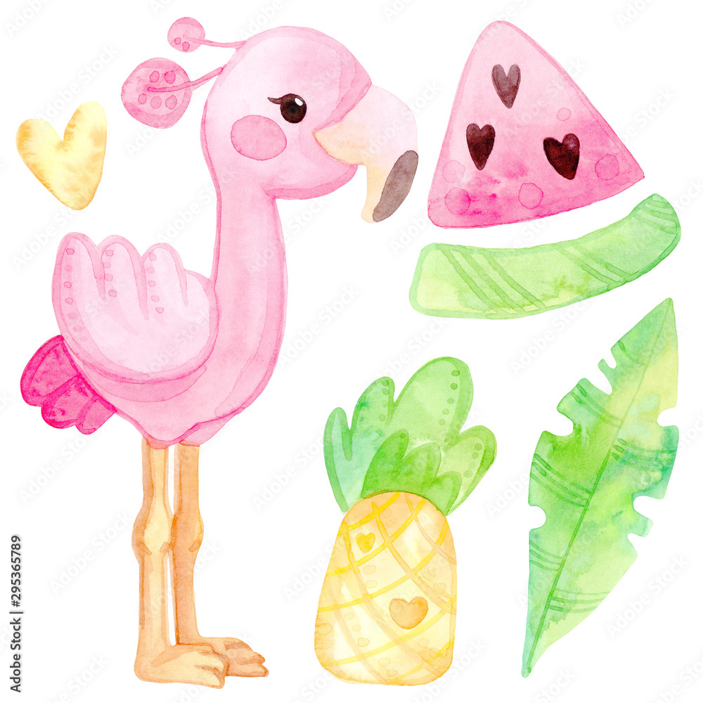 Cute cartoon illustration. Hand drawn watercolor. Set of tropical pink flamingos, watermelon, pineapple. The template is isolated on a white background.