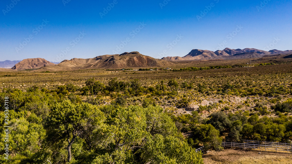 Beautiful view of famous Spring Mountain Ranch State Park near Las Vegas and Red Rock Canyon, Nevada during autumn with pink and red rock mountains, blue sky, green trees and grass, and purple hills