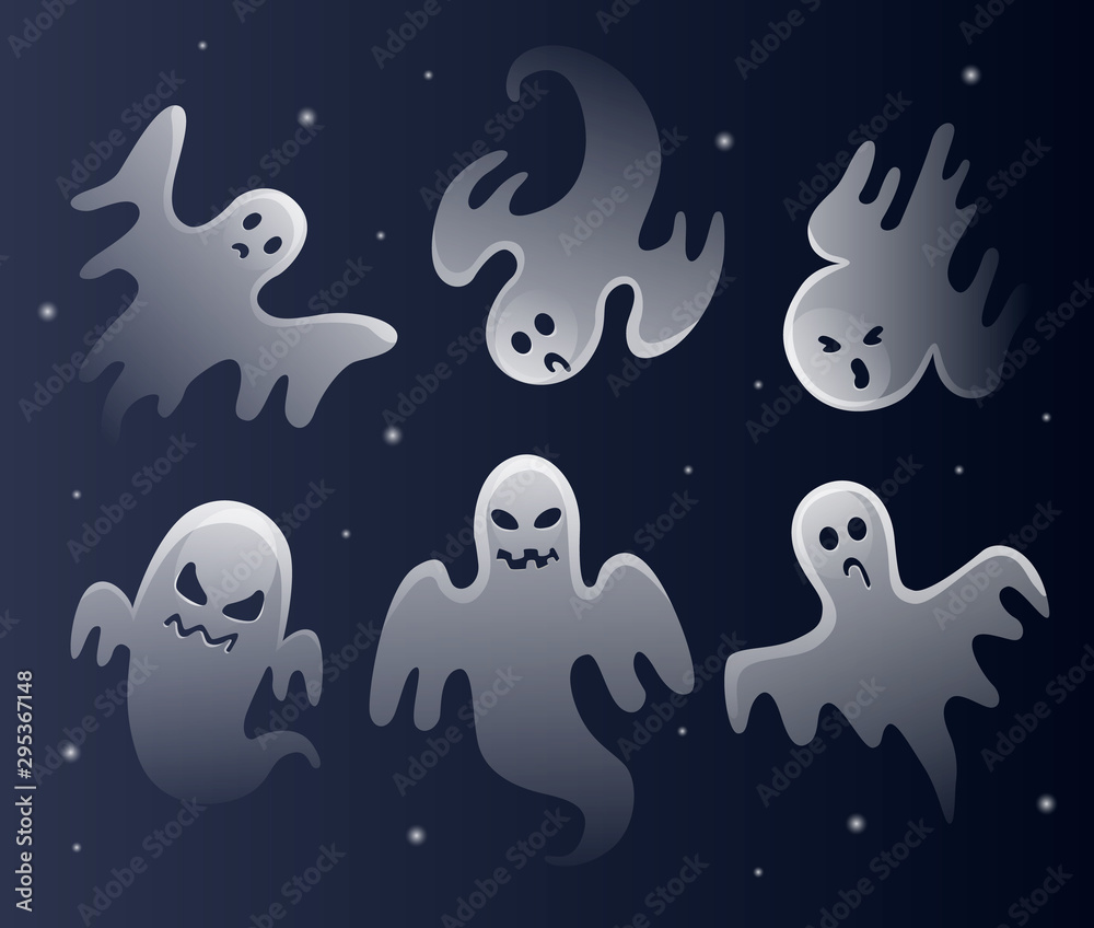 Scary white ghosts. Halloween celebration. Scary white ghosts. Halloween celebration.