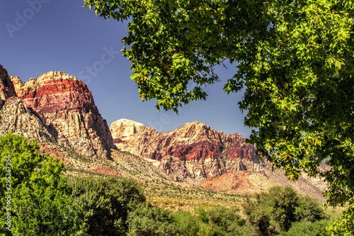 Beautiful view of famous Spring Mountain Ranch State Park near Las Vegas and Red Rock Canyon, Nevada during autumn with pink and red rock mountains, blue sky, green trees and grass, and purple hills