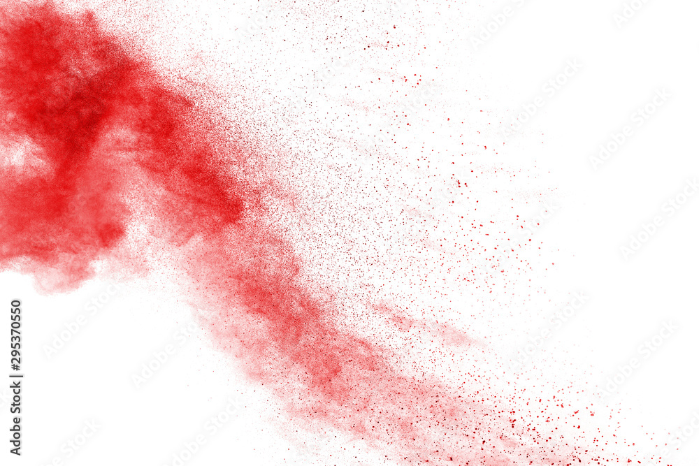 Red powder explosion on white background. Colored cloud. Colorful dust explode. Paint Holi.