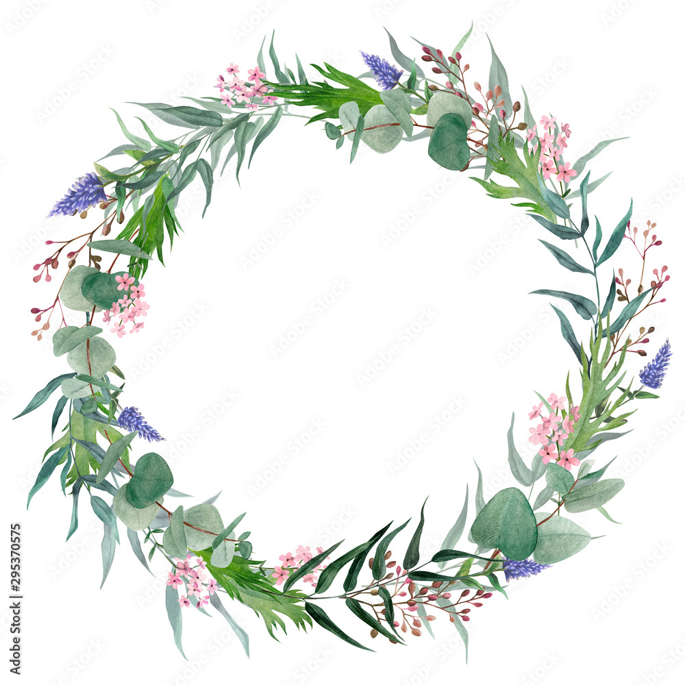 Hand drawn watercolor wreath. Greenery and tiny flowers Hand drawn watercolor wreath. Greenery and tiny flowers