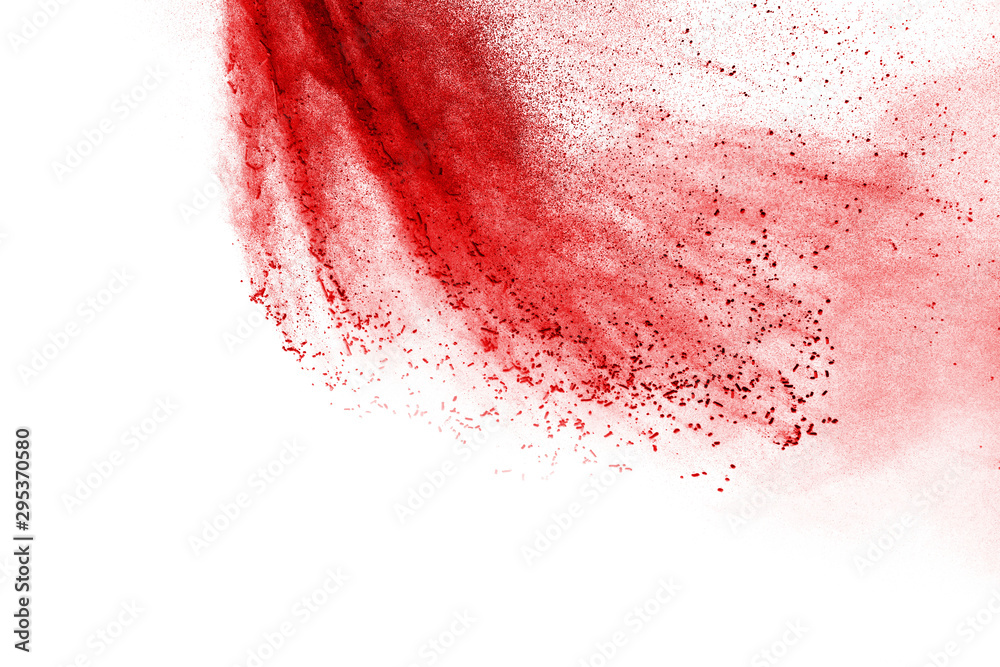 Red powder explosion on white background. Colored cloud. Colorful dust explode. Paint Holi.