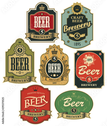 Vector set of ornate beer labels in figured frames with ribbons and crowns in retro style.
