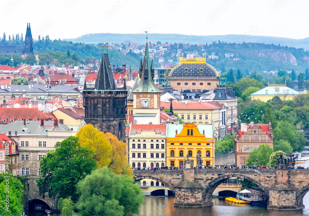 Prague cityscape with Old town bridge tower and Charles bridge, Czech Republic