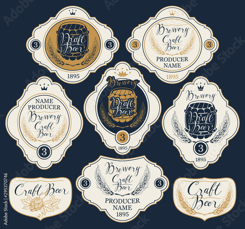 Vector set of ornate beer labels in figured frames with barrels, ears of wheat, crowns and handwritten inscriptions in retro style.