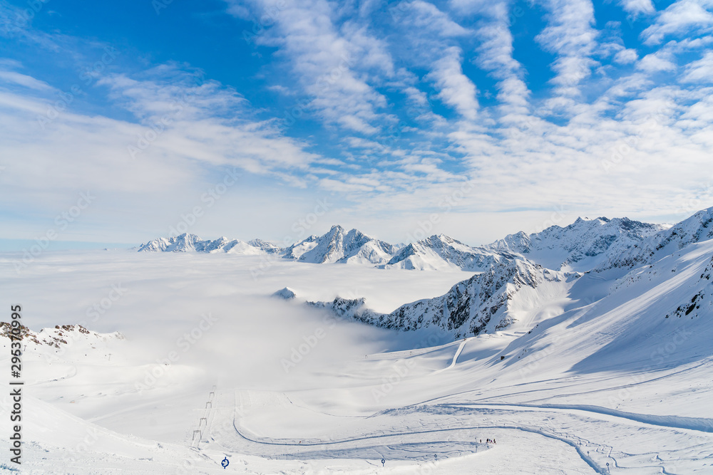 Panorama of ski runs on the Kaunertal glacier in Austria.