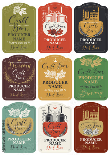 Set of nine vector labels for craft beer and brewery with handwritten inscriptions, hop cones, spikelets and image of brewery production and brewing equipment in retro style