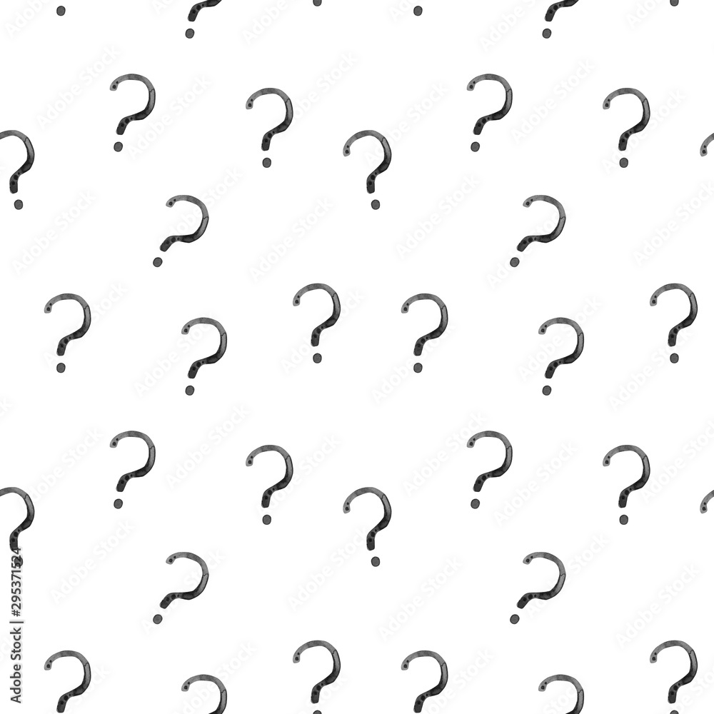 Seamless pattern with question mark. Hand painted watercolor illustration isolated on white. Black and white template is perfect for wallpaper, fabric textile, photographer, social media design Seamless pattern with question mark. Hand painted watercolor illustration isolated on white. Black and white template is perfect for wallpaper, fabric textile, photographer, social media design