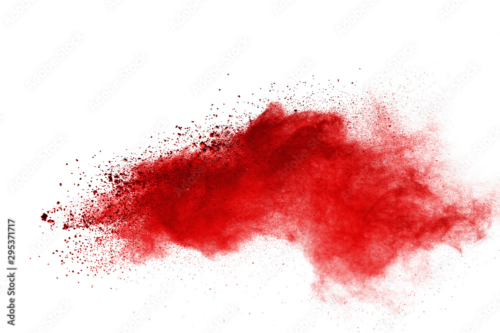 Red powder explosion on white background. Colored cloud. Colorful dust explode. Paint Holi.