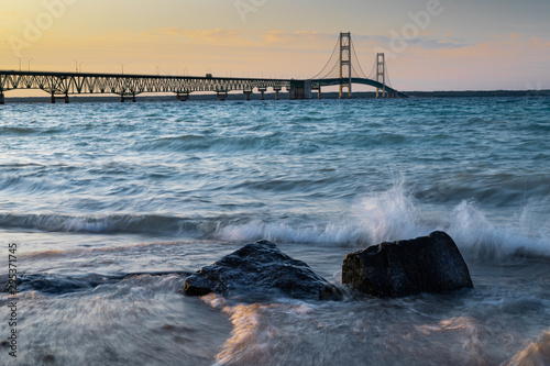 Mackinaw Bridge On Summer Night from Shore of Mackinaw City Lighthouse Park photo