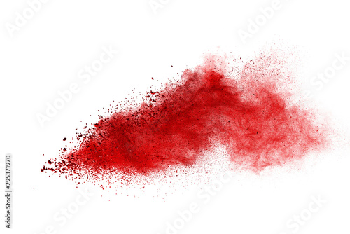 Red powder explosion on white background. Colored cloud. Colorful dust explode. Paint Holi.