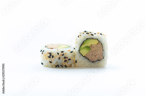 uramaki isolated on white tuna fish and avocad
