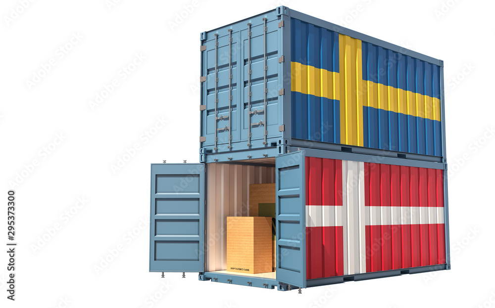 Fototapeta premium Two freight container with Sweden and Denmark flag. Isolated on white - 3D Rendering