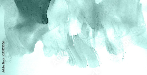 Abstract watercolor background hand-drawn on paper. Volumetric smoke elements. Blue-Green color. For design, web, card, text, decoration, surfaces.