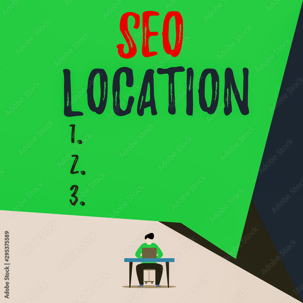 Handwriting text Seo Location. Conceptual photo process to optimize pages on your site to show for organic View young man sitting chair desk working open laptop geometric background Handwriting text Seo Location. Conceptual photo process to optimize pages on your site to show for organic View young man sitting chair desk working open laptop geometric background