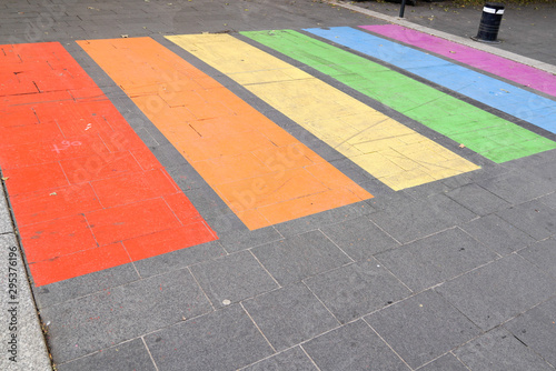 Pedestrian rainbow colored zebra crossing markings in LGBT colors