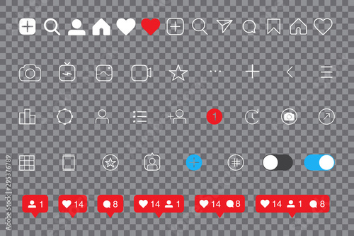 Set of social media icons inspired by Instagram: like, follower, comment, home, camera, user, search. EPS10 Vector illustration. Dark mode.
