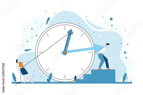 Man and woman holding clock arrows back for time control. Time management concept vector illustration