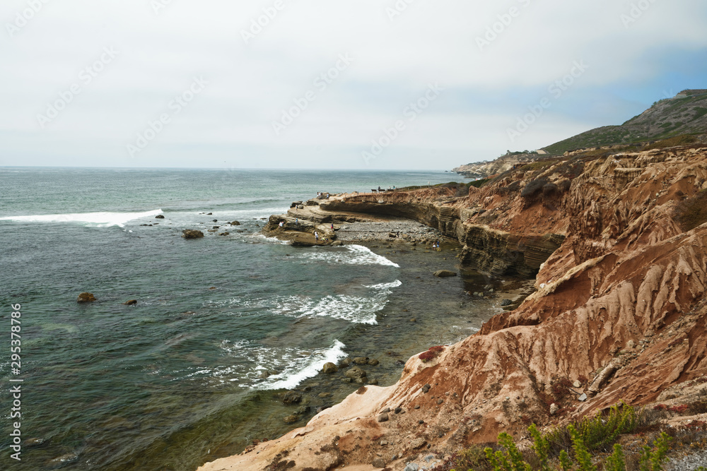 Ocean Cliffs. Horizon over the ocean. Sunset Cliffs in Point Loma with Pacific Ocean and Rocky coastline