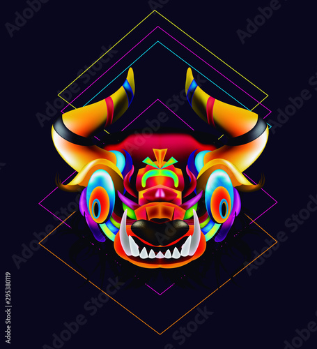 ilustración cabeza de dragón con cuernos, colores