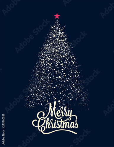 White snowflake Christmas tree silhouette on navy blue background. Christmas tree with red star on the top and Merry Christmas lettering caption. Christmas vector card. Vector illustration.