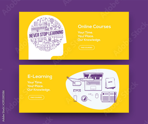 E-Learning web banners design for online courses website or social network page. Vector illustration.