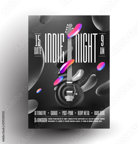 Live indie music night party or concert or rock music festival poster or flyer design template with electric guitar and black and white and some colored liquid shapes. Trendy vector illustration.