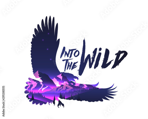 Double exposure effect eagle hawk silhouette with night mountains landscape with into the wild caption. Vector illustration.
