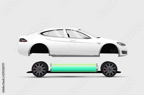 Electric car construction infographic. Isolated white electric car. Vector illustration