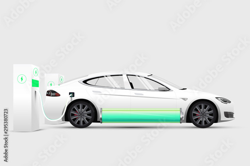 White electric car at charging station with full green battery. Isolated white electric car. Vector illustration