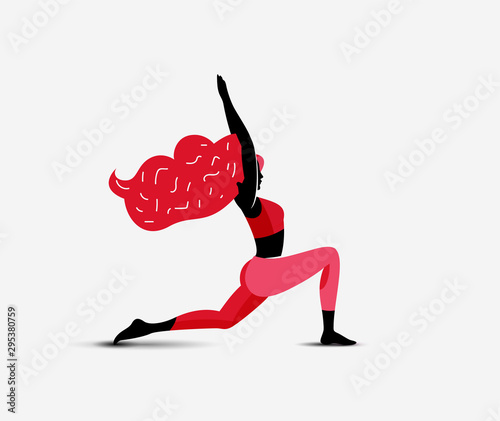 Yoga Girl. Woman doing yoga first warrior asana. Girl character silhouette. Fitness active girl. Vector illustration for your yoga classes promo advertise or blog article image or post.