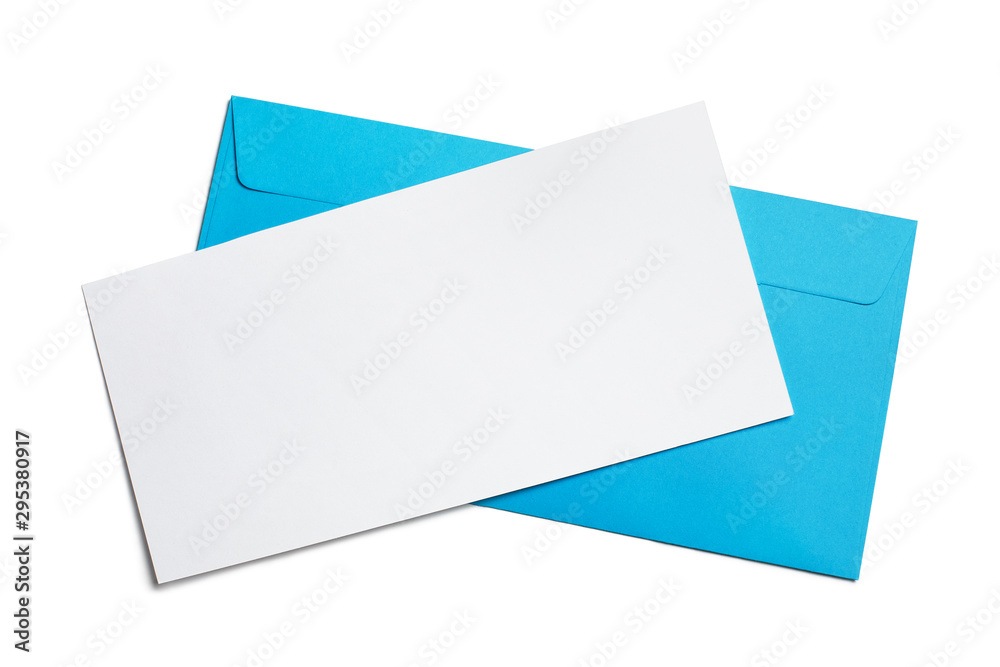 Blank white paper on a blue envelope, isolated on white background Blank white paper on a blue envelope, isolated on white background