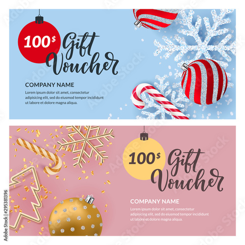 Gift card, voucher, certificate, coupon vector design template. Discount banner for Christmas and New Year holidays sale