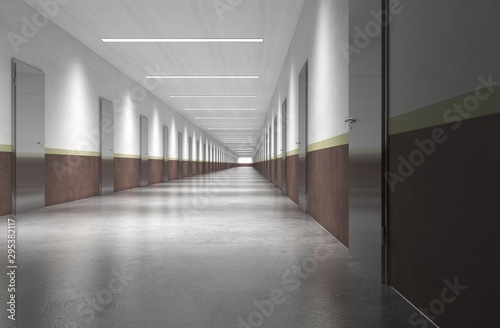 Fototapeta Naklejka Na Ścianę i Meble -  Long corridor with doors, interior visualization
