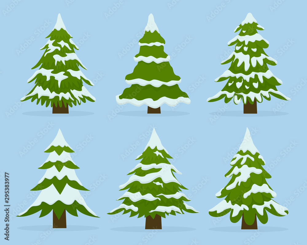 Set of firs in snow. Collection beautiful Christmas trees. Can be used for greeting card, invitation, banner, web design. Vector illustration.