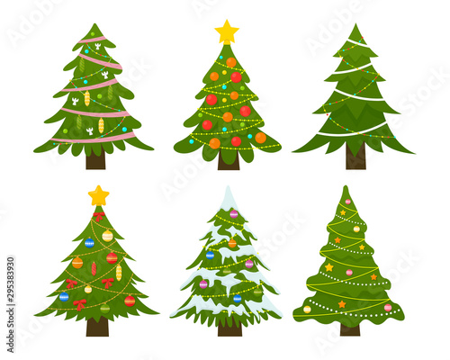 Christmas trees set. Decorated winter tree with Garland lights, decoration balls and lamps. Merry Christmas and a happy new year. Vector illustration isolated on white background.