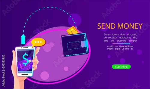 Send money cartoon vector neon illustration for web and mobile design with text and button. Man is sending money from credit card to his friend wallet via mobile app on smart phone.