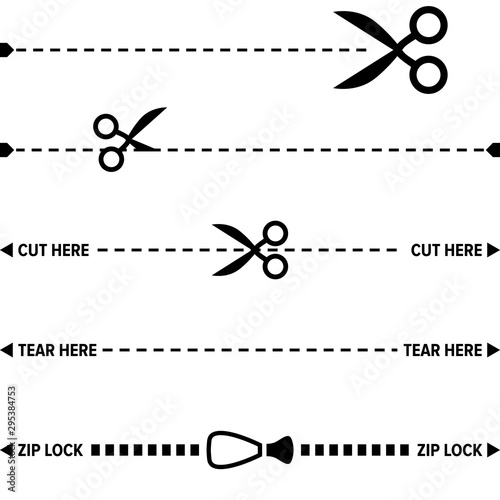 Scissors and tear line, cutting line, zip lock symbol. Black and white vector illustration.