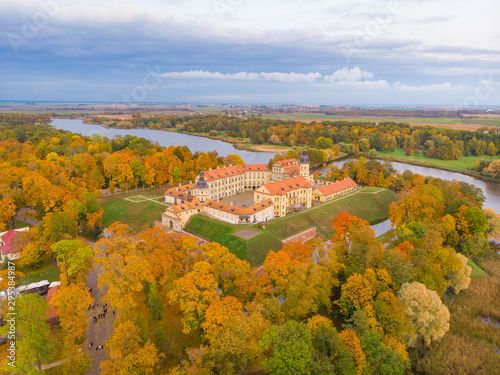The palace in Nesvizh under the clody sky  Belarus. Autumn 2019