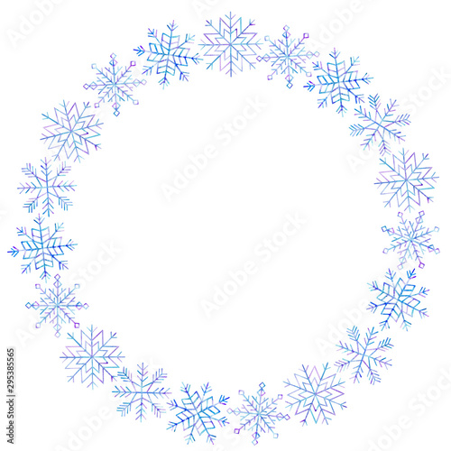 Fototapeta Naklejka Na Ścianę i Meble -  Snowflake wreath. Blue and violet colors. Watercolor hand drawn illustration. Isolated on white background. Color of background can be easily changed