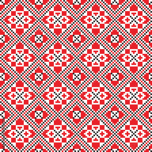 seamless embroidered good like old handmade cross-stitch ethnic Ukraine pattern. Ukrainian towel with ornament