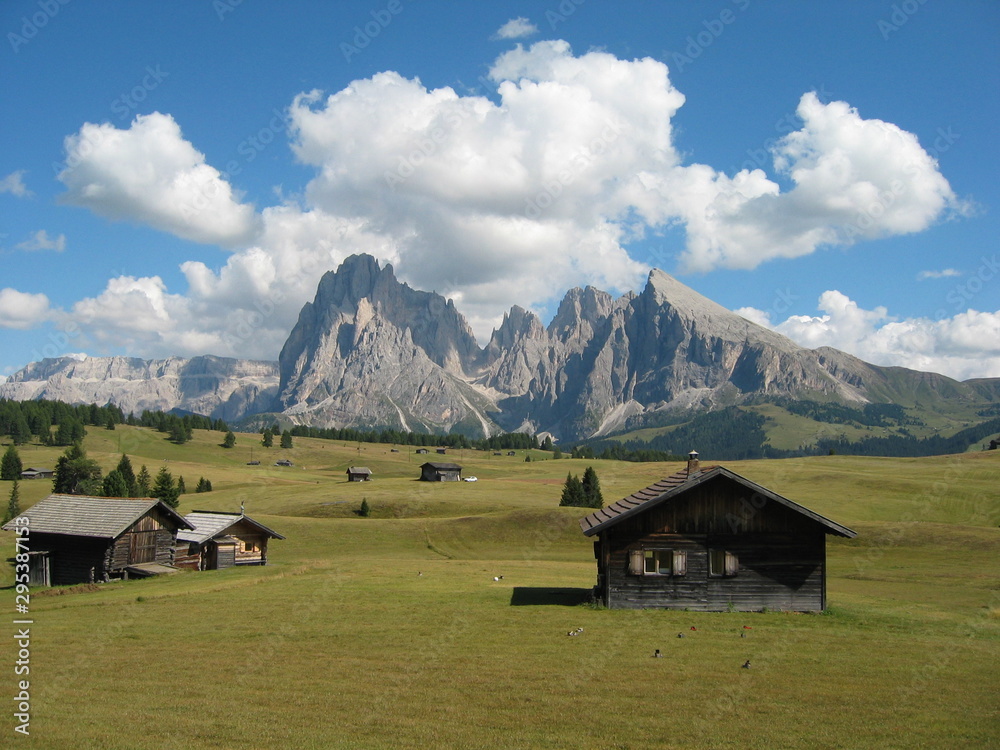 Südtiroler Bergwelt mit Langkofelund Plattkofel (Langkofelgruppe) im Hintergrund - Wanderung - Südtirol