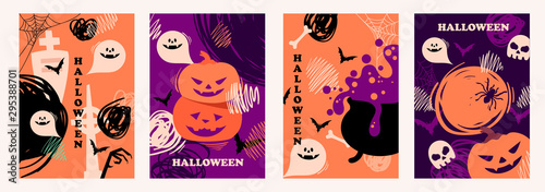 Happy Halloween. Hand-drawn style. Silhouettes of pumpkins, ghosts and bats. Set of templates for banner, cards, posters, covers, flyers. Cartoon vector flat illustration.