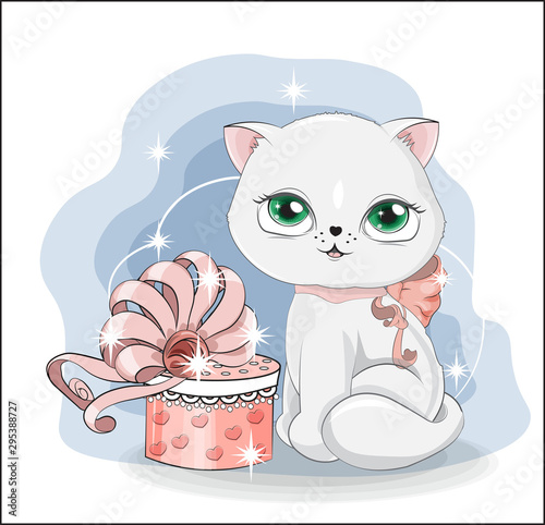 lovely white cat, kitten with gift box, decorated with bow. The picture in hand drawing style, for t-shirt print, wear fashion design, greeting card, baby shower.